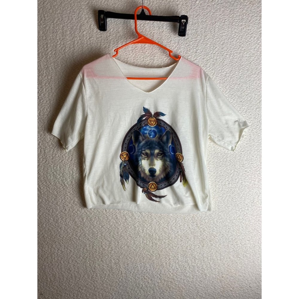 The Mountain Wolf Print Cropped Shirt Cream Size Medium